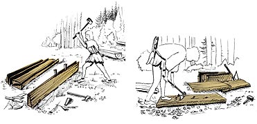 Splitting process and adze use (Drawings C. Galley) - axe, adze, conversion process, sawing, saw, plitter, edge, hammer, tools, technique, method